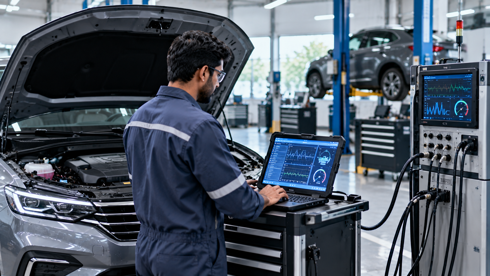 Automotive diagnostic equipment in a workshop